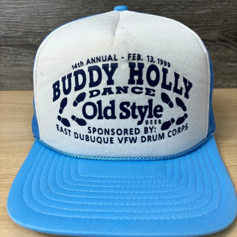 Vintage Buddy‎ Holly Hat Cap Snap Back Blue Trucker Dance Old Style Beer 90s